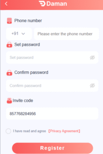 Daman Games app registration screen showing Daman Game Register process
