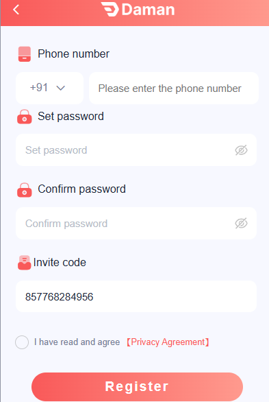 Daman Games app registration screen showing Daman Game Register process