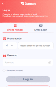 Daman Game Login page on mobile device with secure access