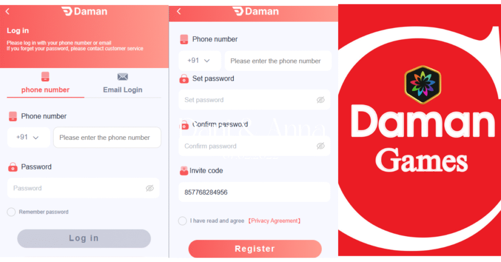 Daman Games Register screen showing account creation on mobile